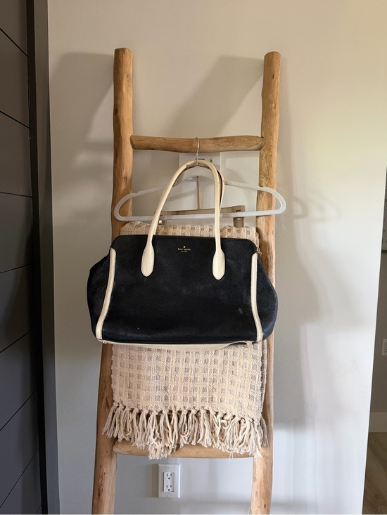kate spade Handbags - Kate Spade Black Pebbled Leather Satchel Cream Trim Large Handbag